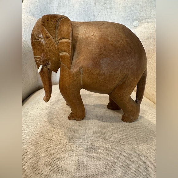 Vintage Hand Carved Teak Wood Elephant Sculpture Figurine Tusks African Decor
